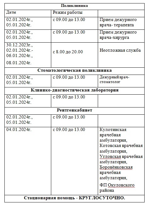 График работы ОЦРБ в праздничные дни.